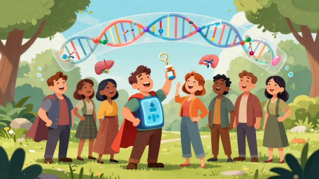 Diverse CF patients enjoying life in a park, with molecular tools repairing their DNA above them.