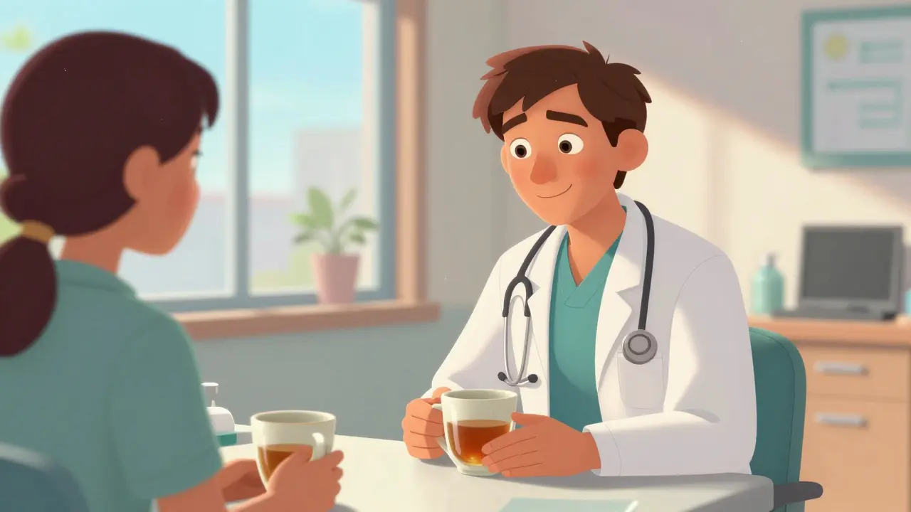 Doctor smiling reassuringly with patient holding tea