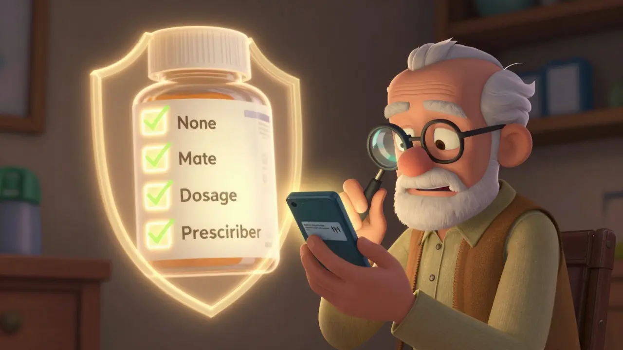 Elderly man using phone magnifier to read a small prescription label, with a floating verification checklist.