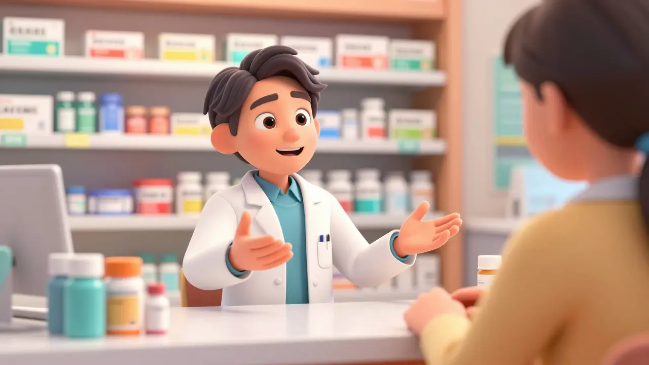 Friendly pharmacist explaining medication instructions to a patient.