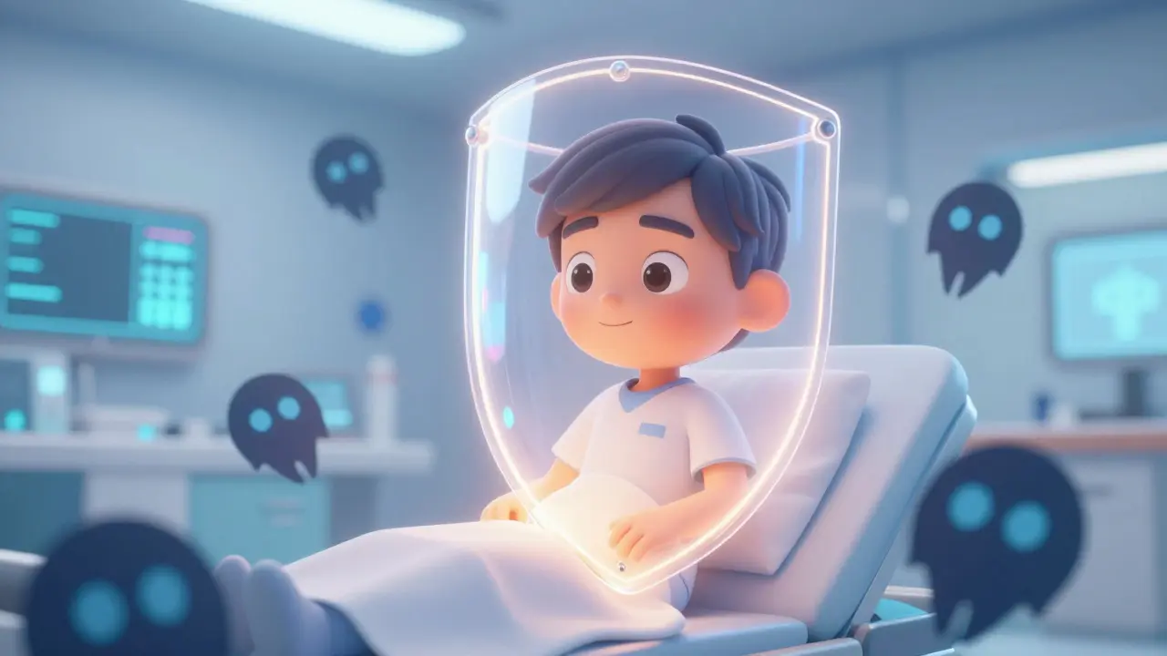 Glowing shield protecting patient from medical errors in clinic.