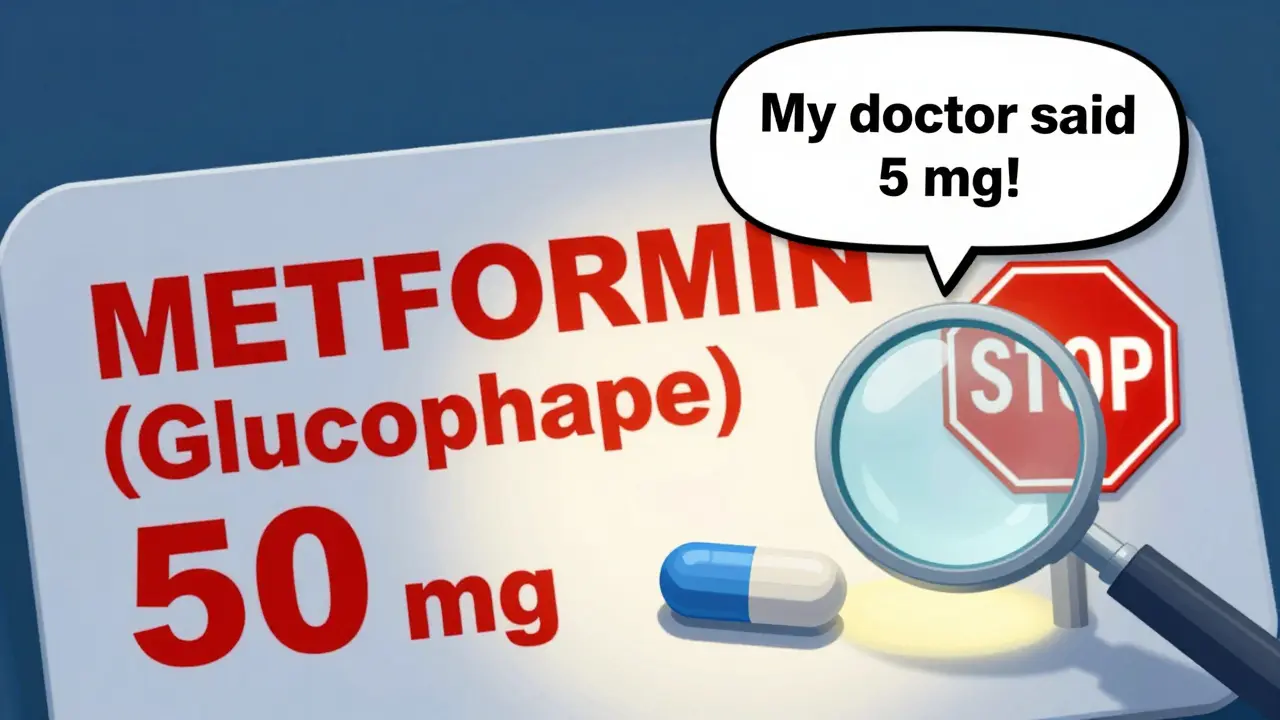 Over-sized prescription label with wrong medication strength, highlighted by a red warning sign.