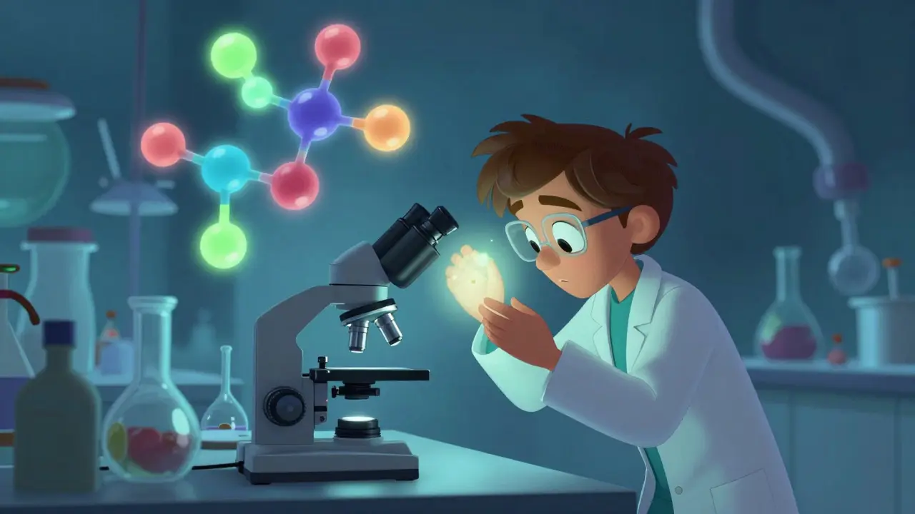 Scientist observing glowing molecules in a fantasy lab