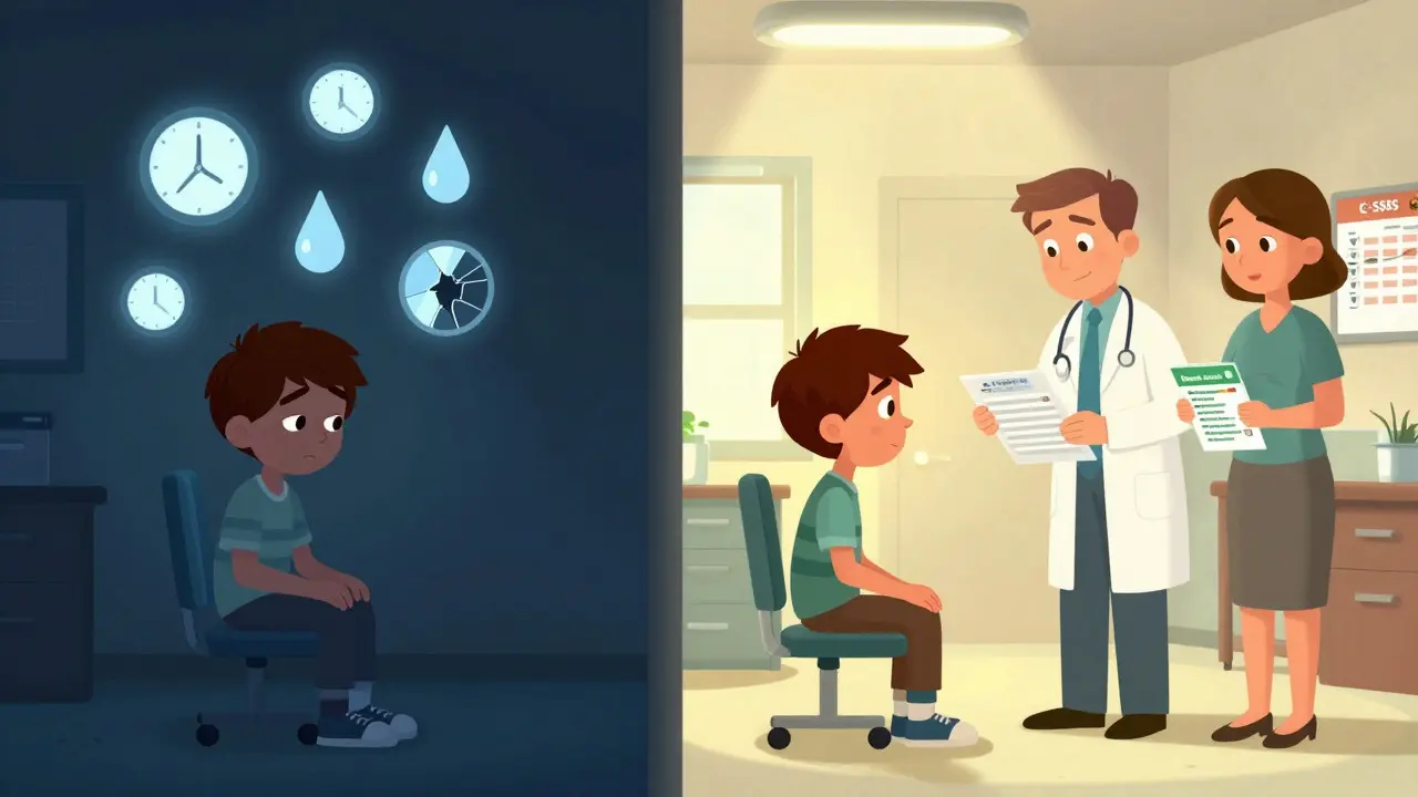 Split scene: a depressed teen in darkness vs. the same teen receiving supportive care in a bright, hopeful clinic setting.