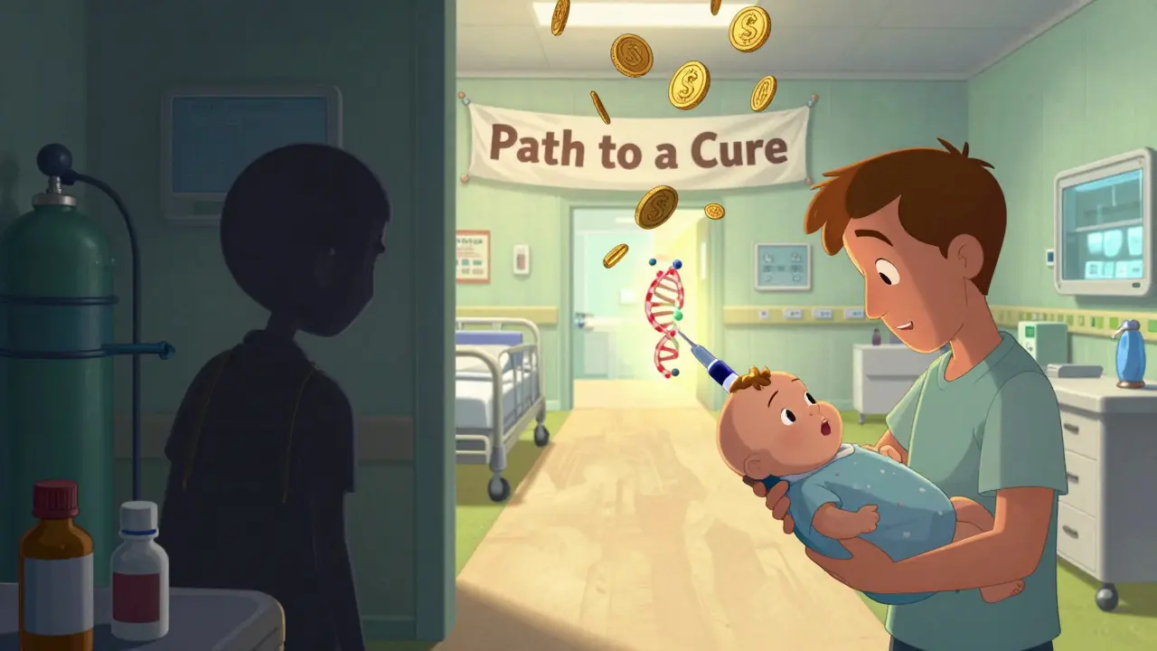 Split scene showing the contrast between old CF struggles and new hope through gene editing and access.