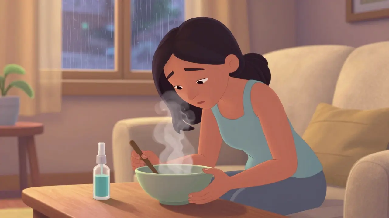 Woman using steam inhalation and saline spray for safe relief