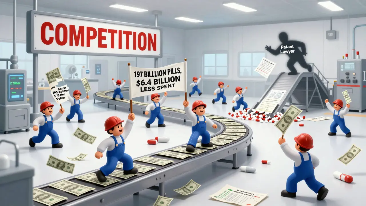 Workers in a factory produce generic pills as dollar bills fall, while a patent lawyer trips on expired documents.