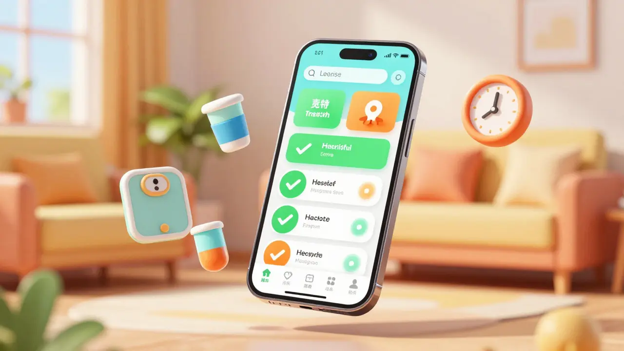 A colorful pediatric medication tracking app with intuitive icons.