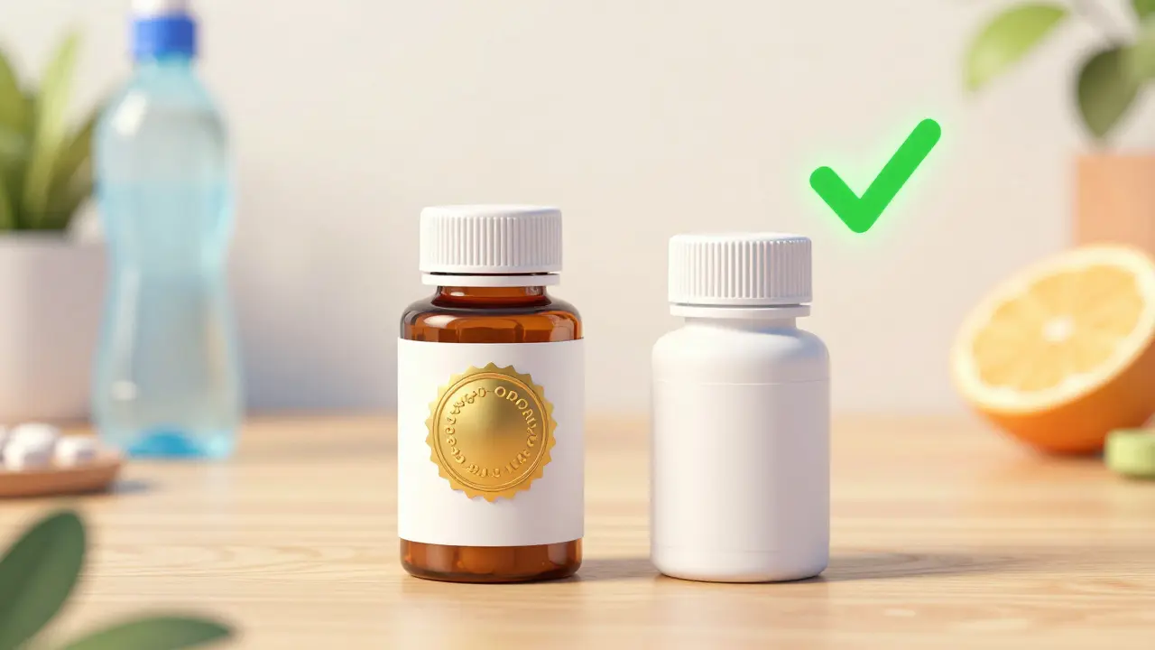 A comparison between brand-name and generic medication bottles with a green checkmark on the generic.