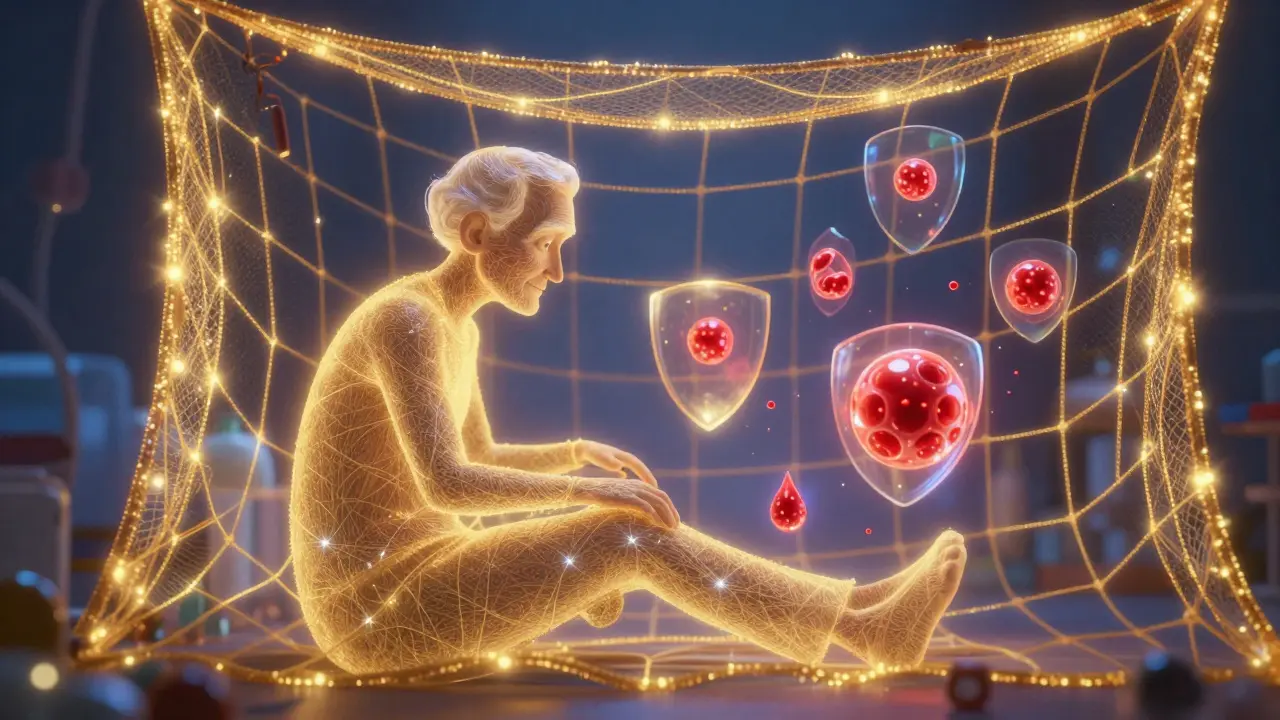 A conceptual representation of Cystatin C acting as a safety net to prevent medication toxicity in a senior.
