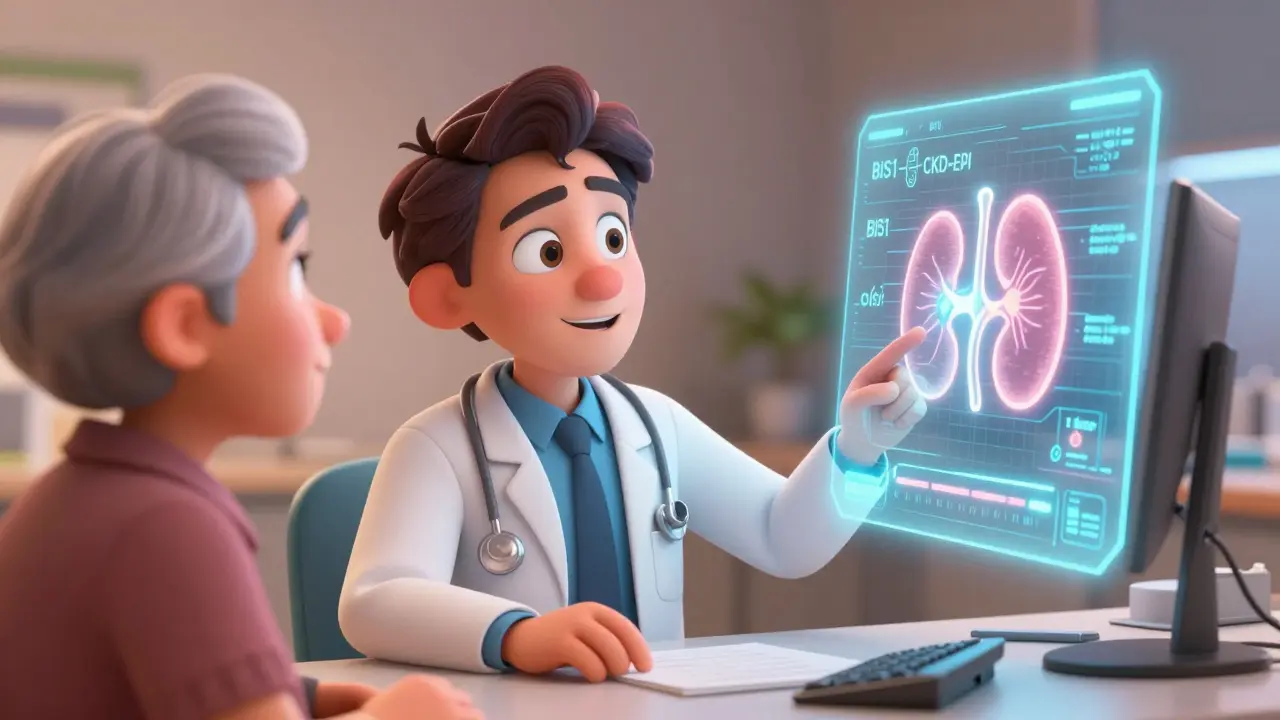 A doctor using a holographic interface to calculate the correct medication dose for an elderly patient.