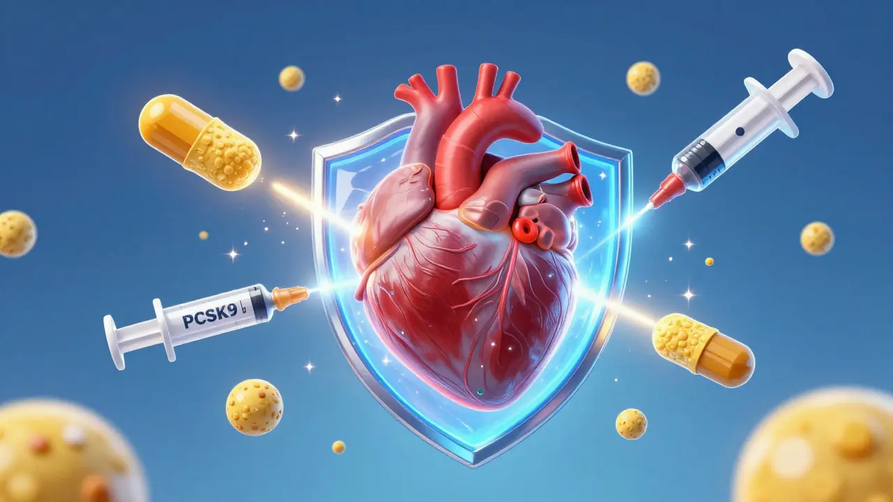 A glowing heart protected by a blue shield and medication symbols pushing away cholesterol