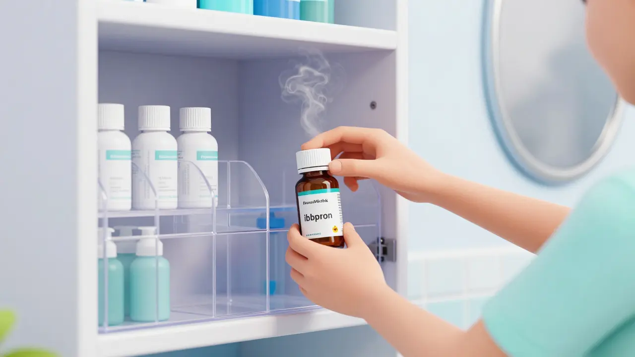 A person storing medicine safely in a clean, organized cabinet