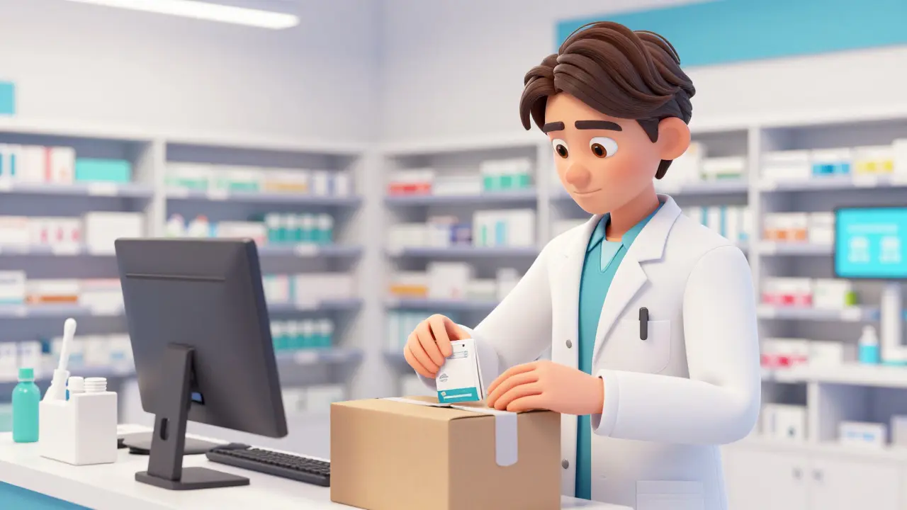 A professional pharmacist carefully packaging medication for secure online delivery.
