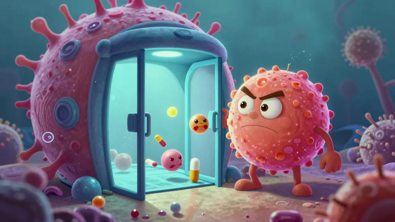 Amiodarone character blocking a P-glycoprotein pump door to stop Digoxin from exiting.