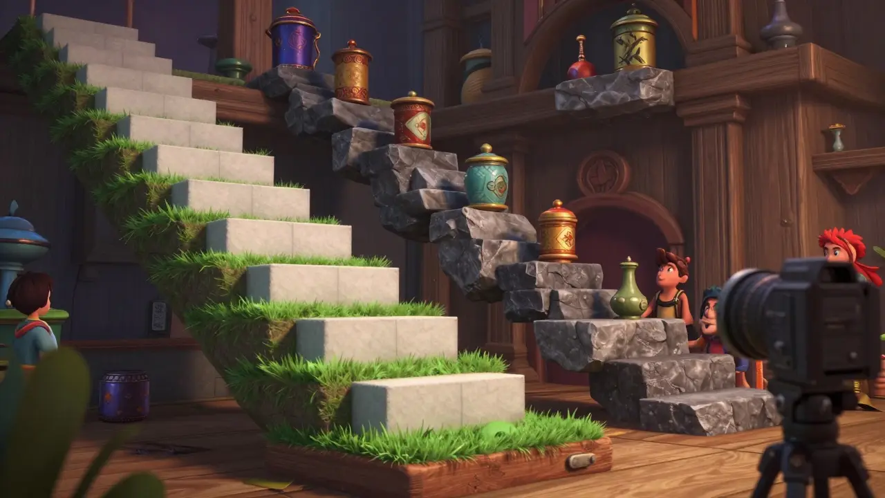 Animated staircase with colorful boxes representing rising insurance cost tiers.