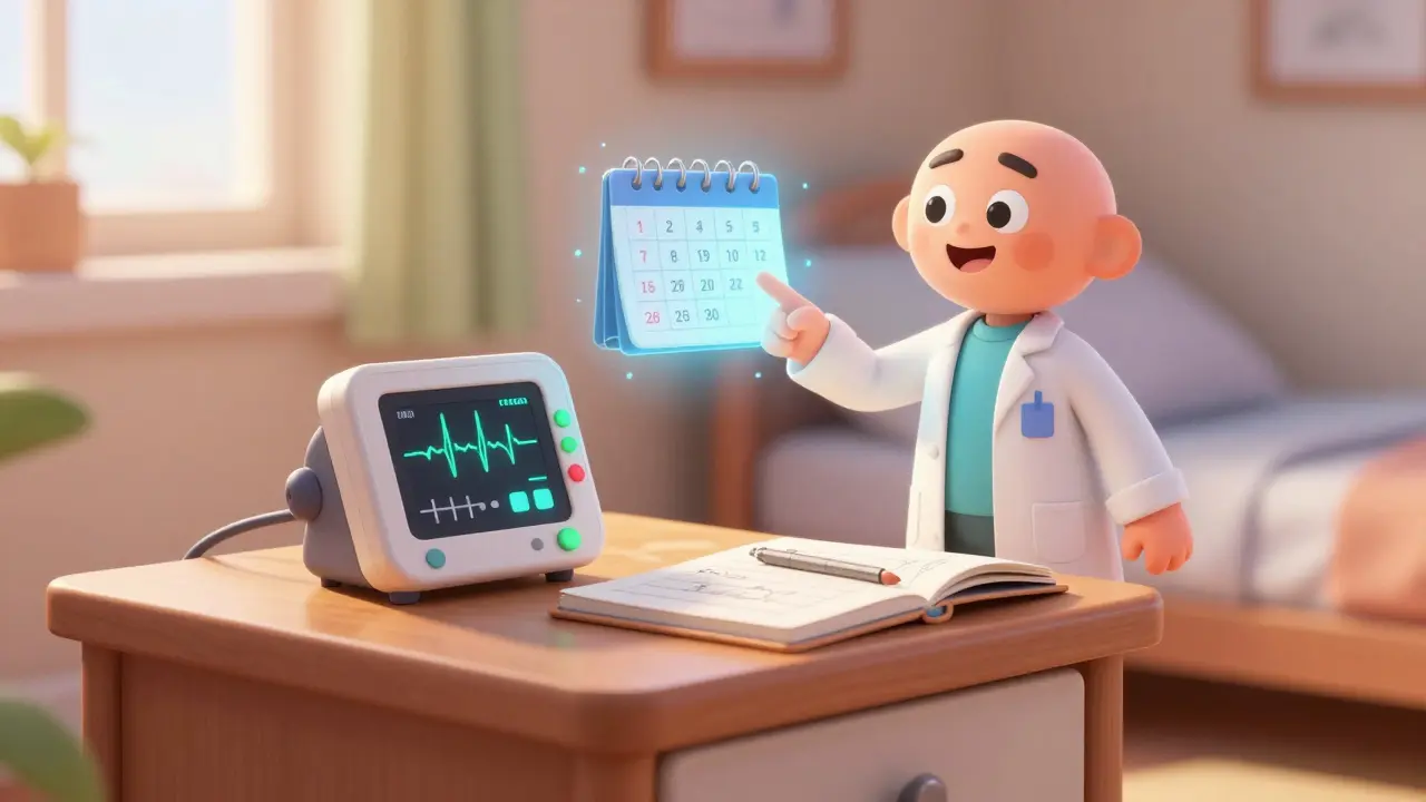 Bedside table with a heart monitor and a helpful pharmacist mentor guiding a patient.