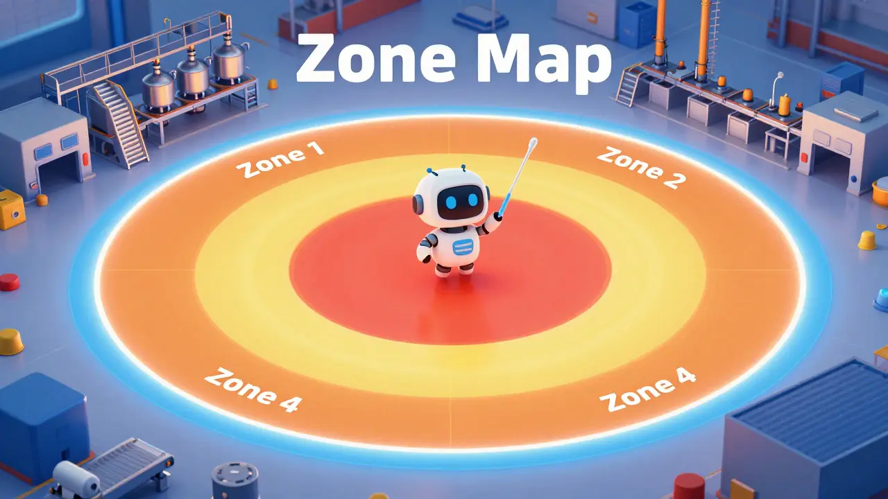 Colorful conceptual map of factory contamination zones with a small robot sampler