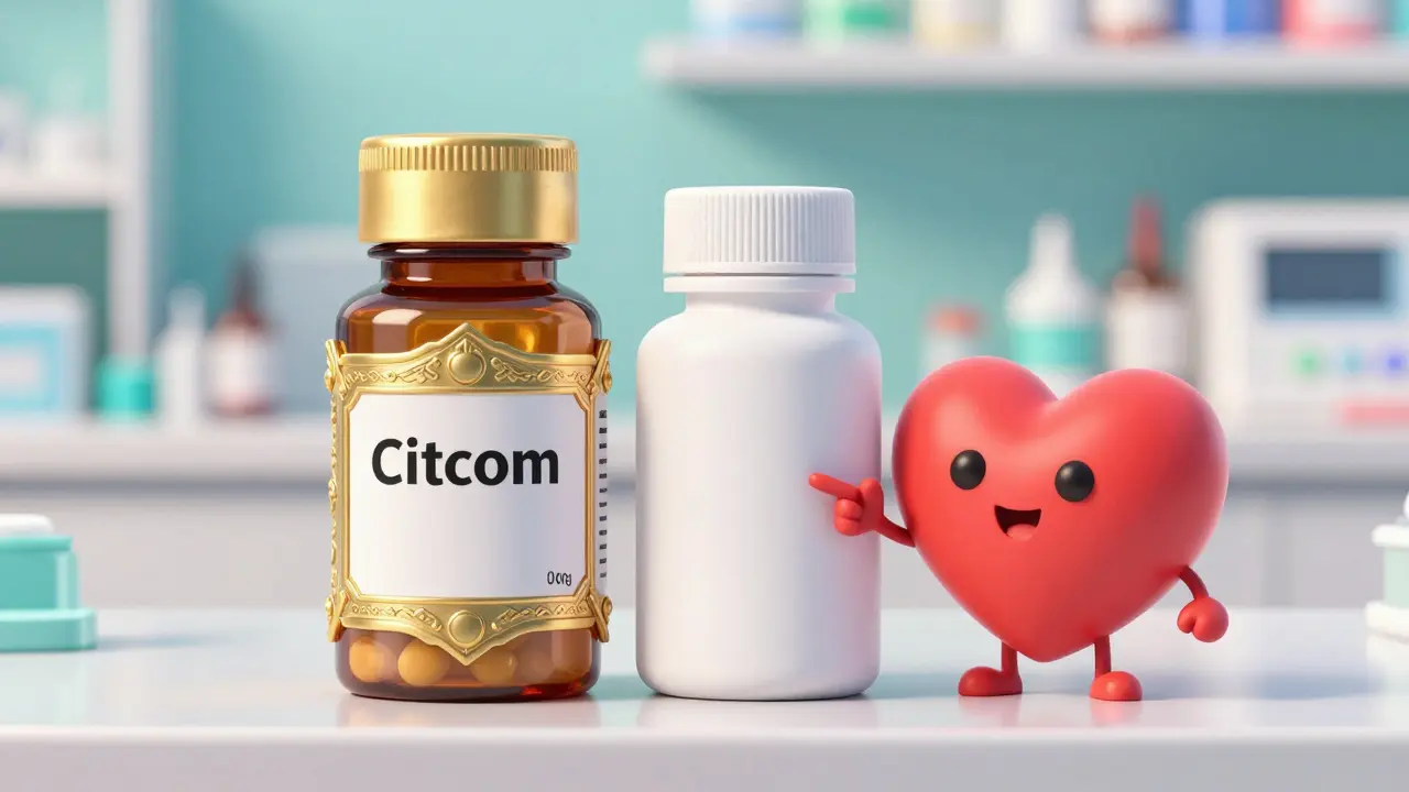 Comparison between brand-name and generic medicine bottles with a cute heart character.