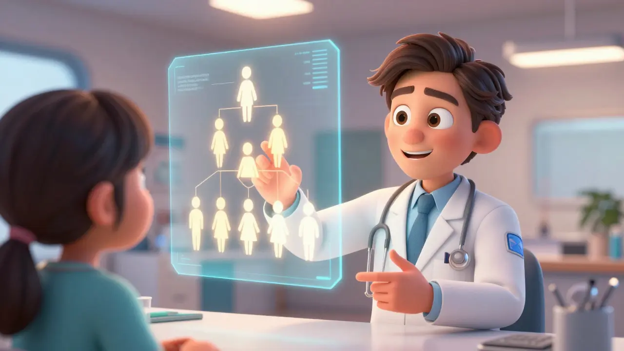 Doctor showing a glowing holographic family tree to a patient for cascade screening