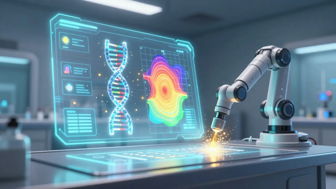 Futuristic holographic DNA and AI monitoring system in a high-tech cleanroom