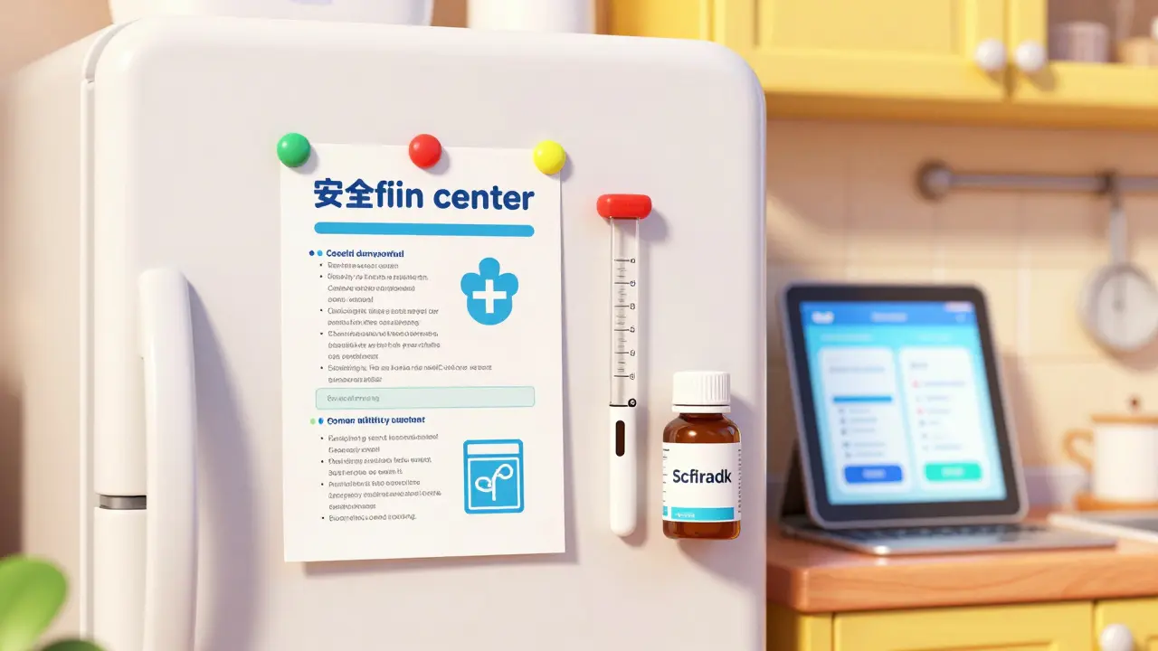 Organized medication instructions and tools on a bright kitchen refrigerator.
