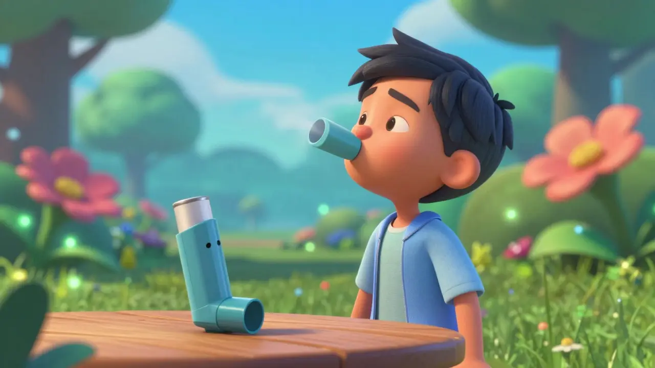 Person breathing deeply in a colorful park next to an inhaler.