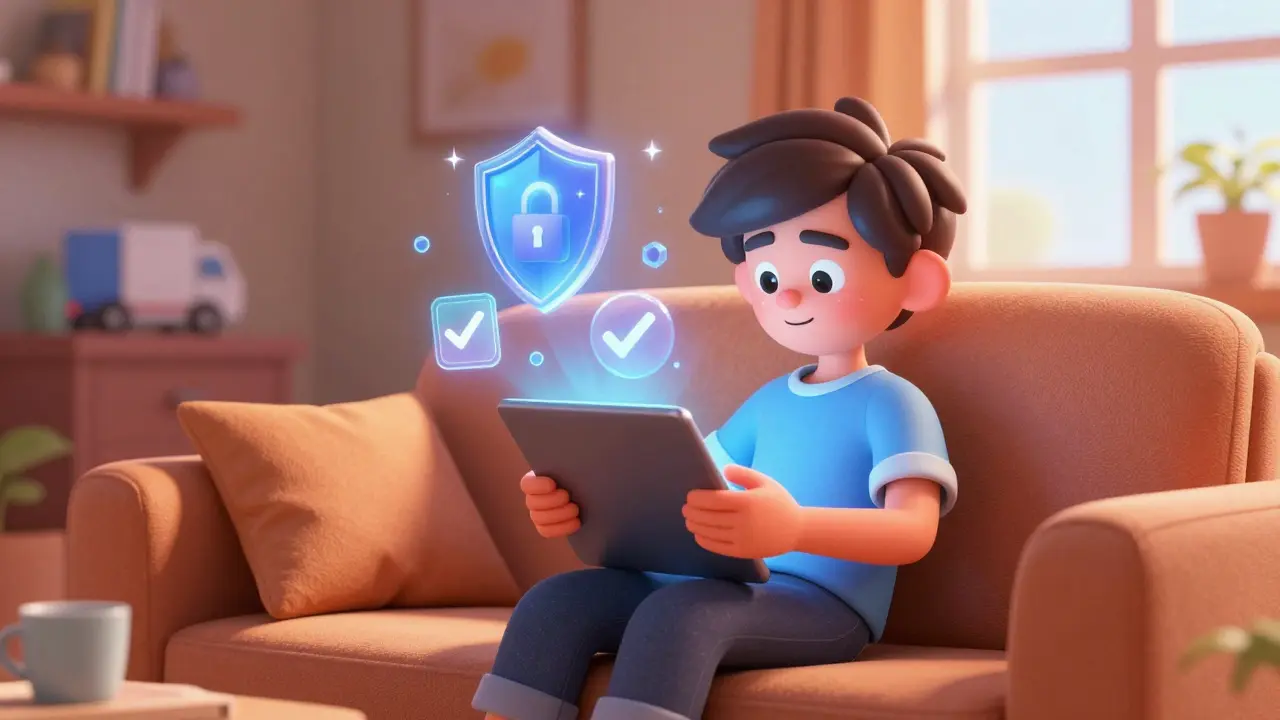 Person safely ordering generic medication online from a cozy home setting.