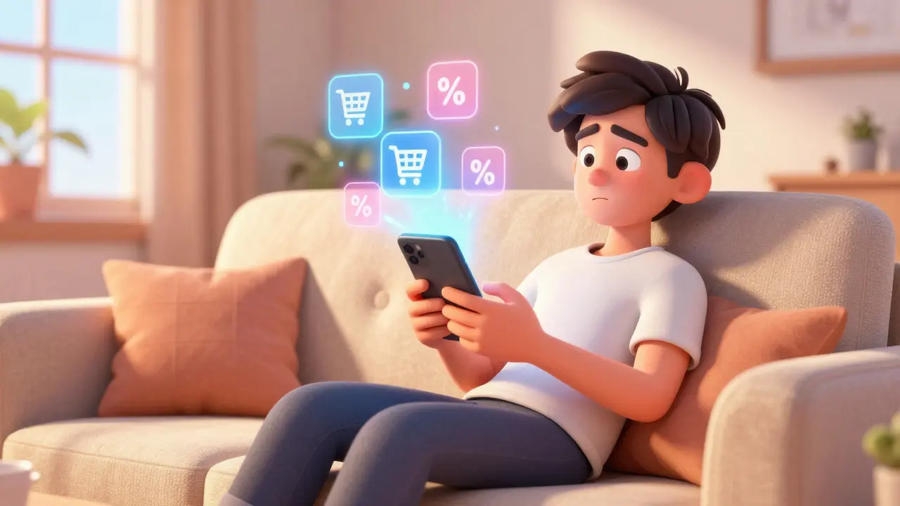 Person using a smartphone to find medication discounts at home.