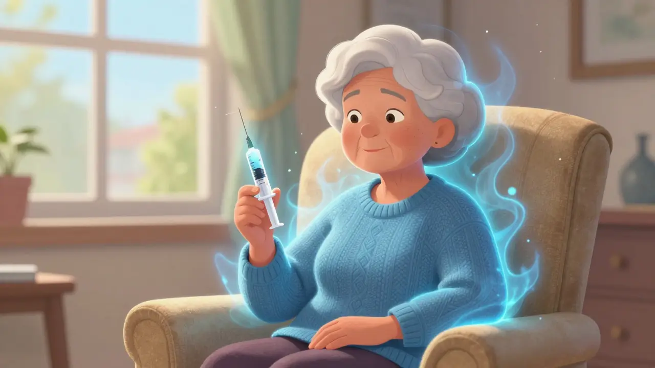 Senior woman holding insulin protected by a glowing blue shield in living room.