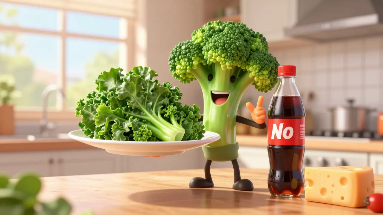Animated person choosing healthy vegetables over soda and cheese for diet management.