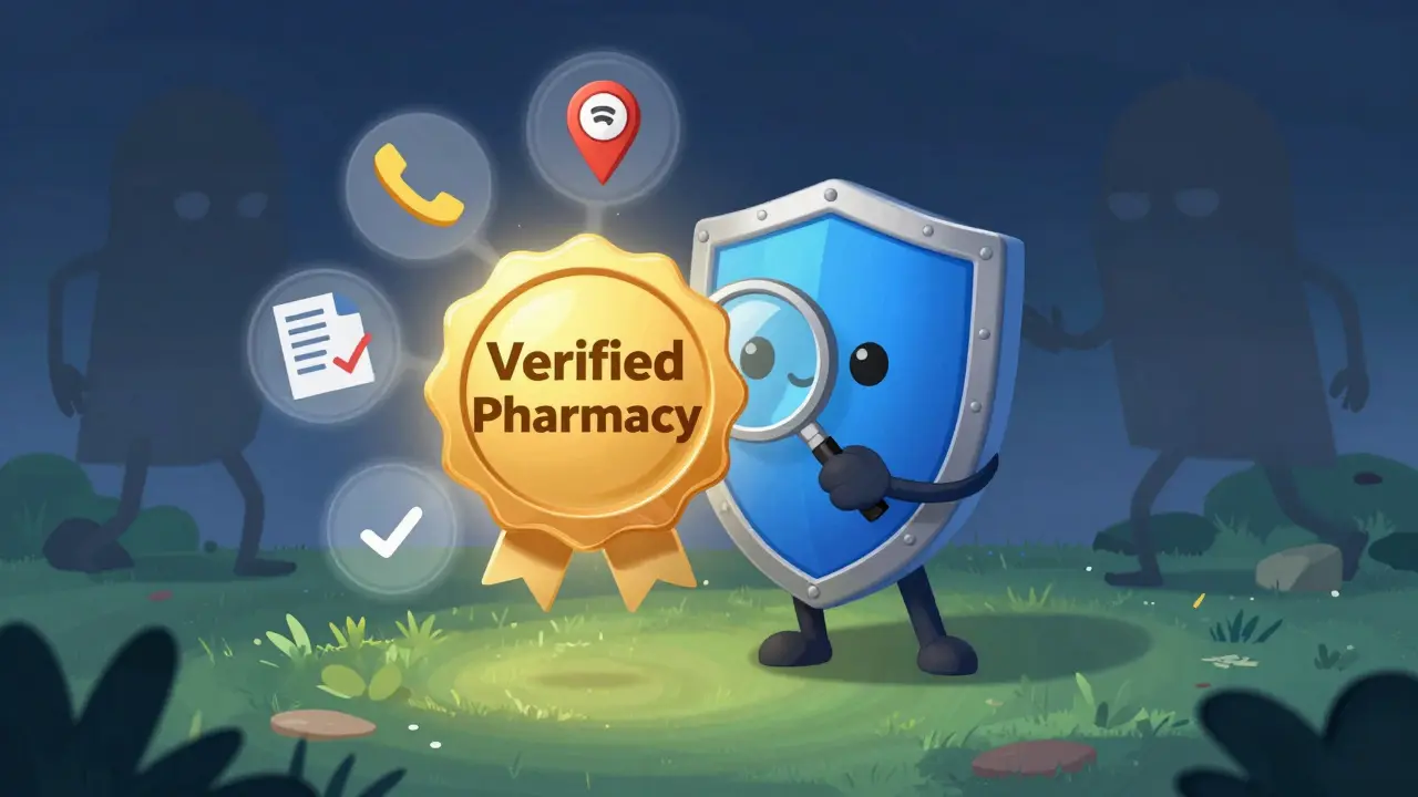 Animated shield checking verified pharmacy safety seals