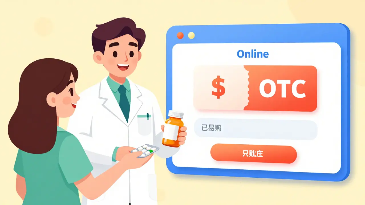 Cartoon comparison of buying OTC meds online vs pharmacy pickup