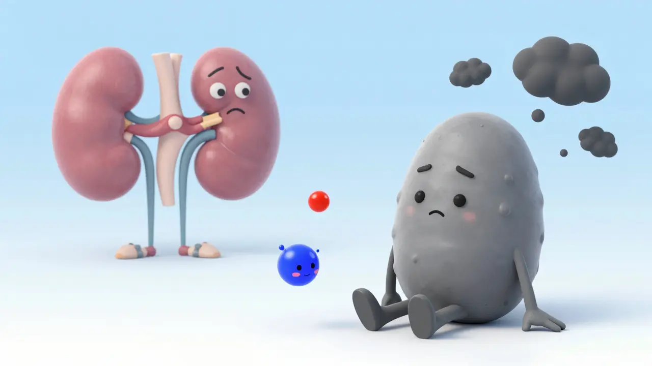 Cartoon illustration of inactive parathyroid glands and unbalanced calcium levels.