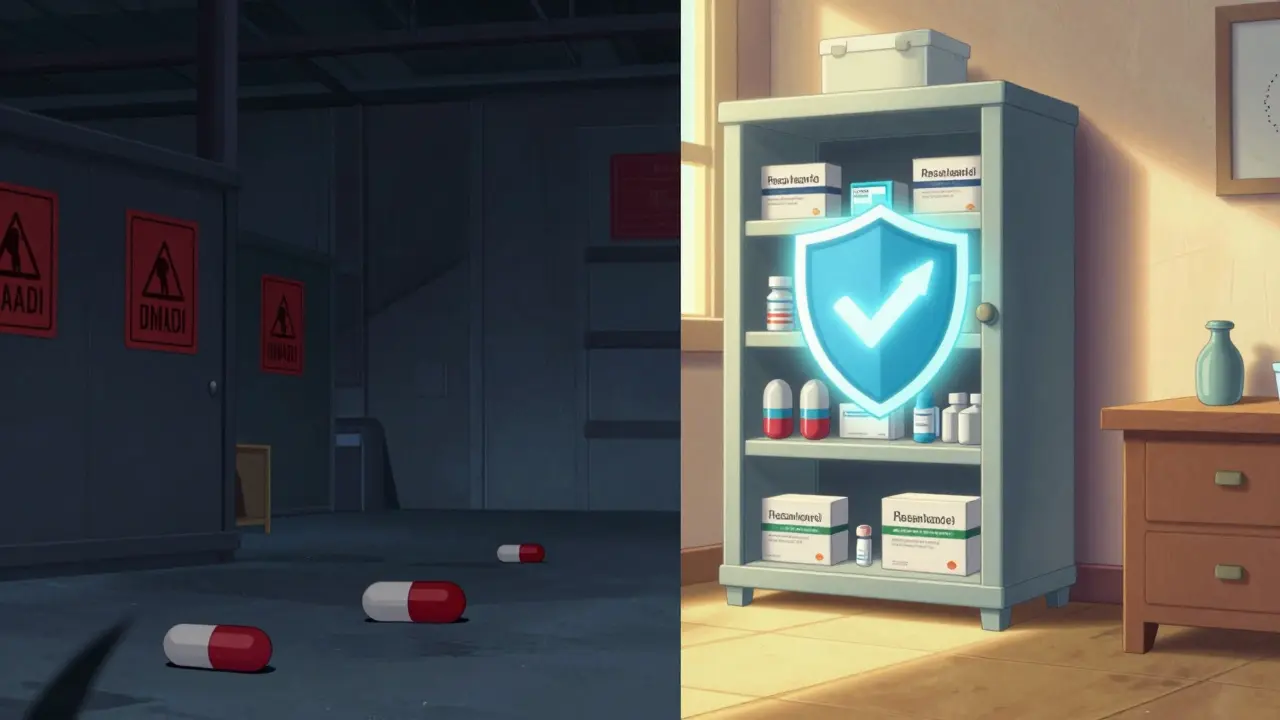 Comparison of unsafe vs safe medication storage and purchasing options