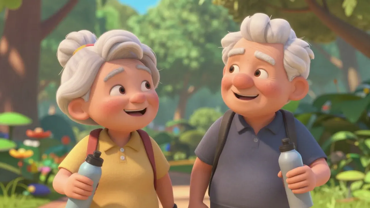 Couple smiling and talking while walking in garden