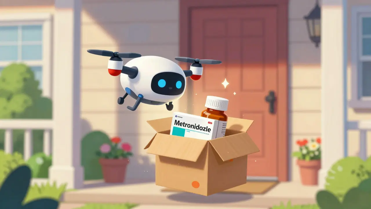 Cute delivery drone bringing discreet medicine package to doorstep