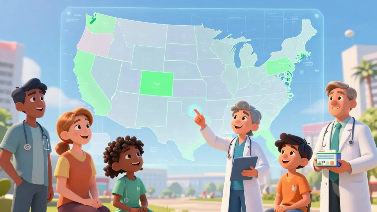 Doctors and patients looking at a US map showing drug substitution laws by state.