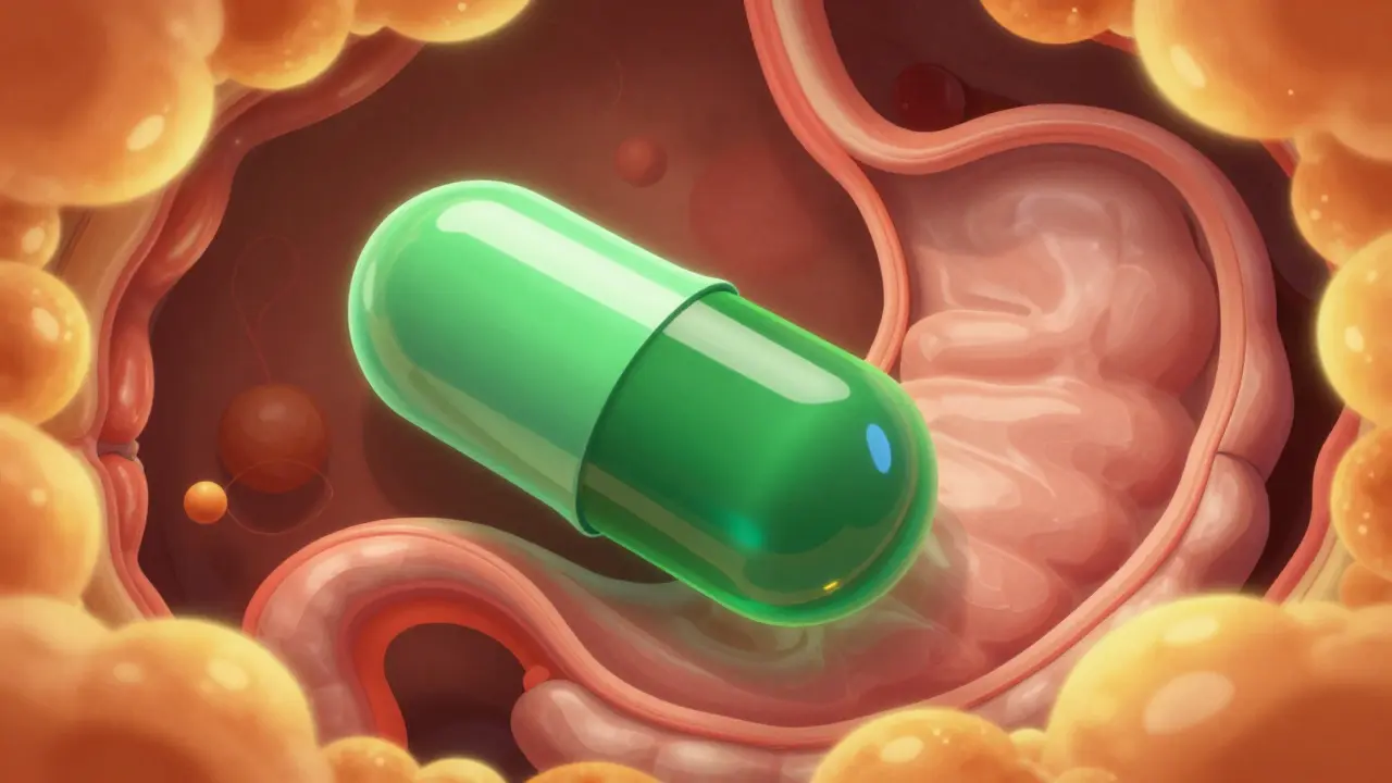 Enteric-coated capsule protected from stomach acid in a cartoon cross-section