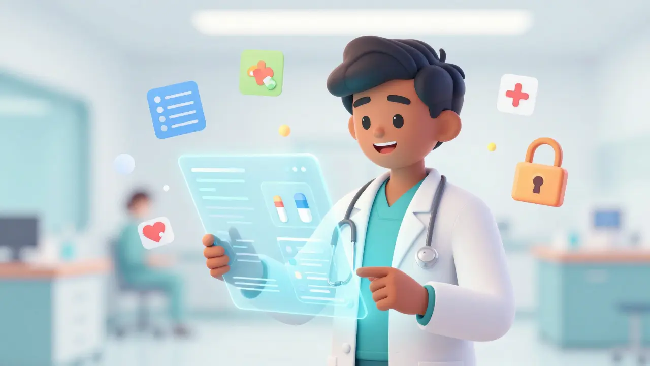 Friendly doctor reviewing digital health records on glowing screen