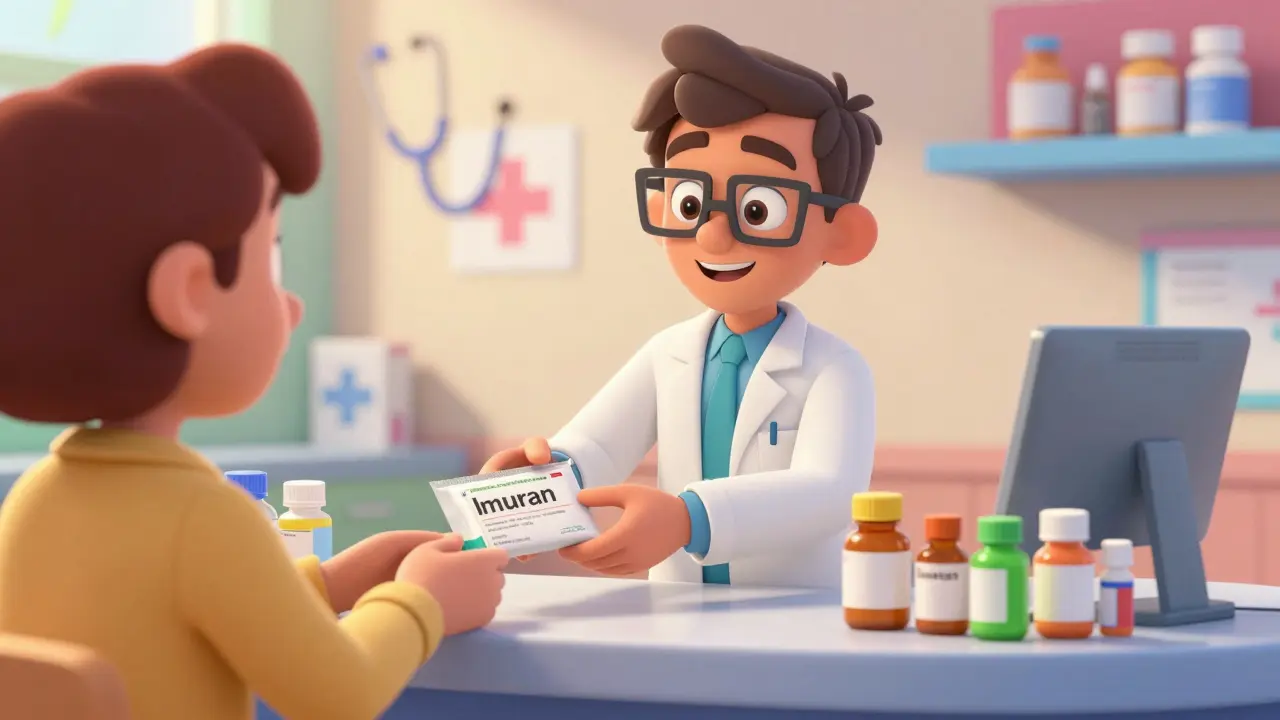 Friendly pharmacist handing medication package to a happy customer