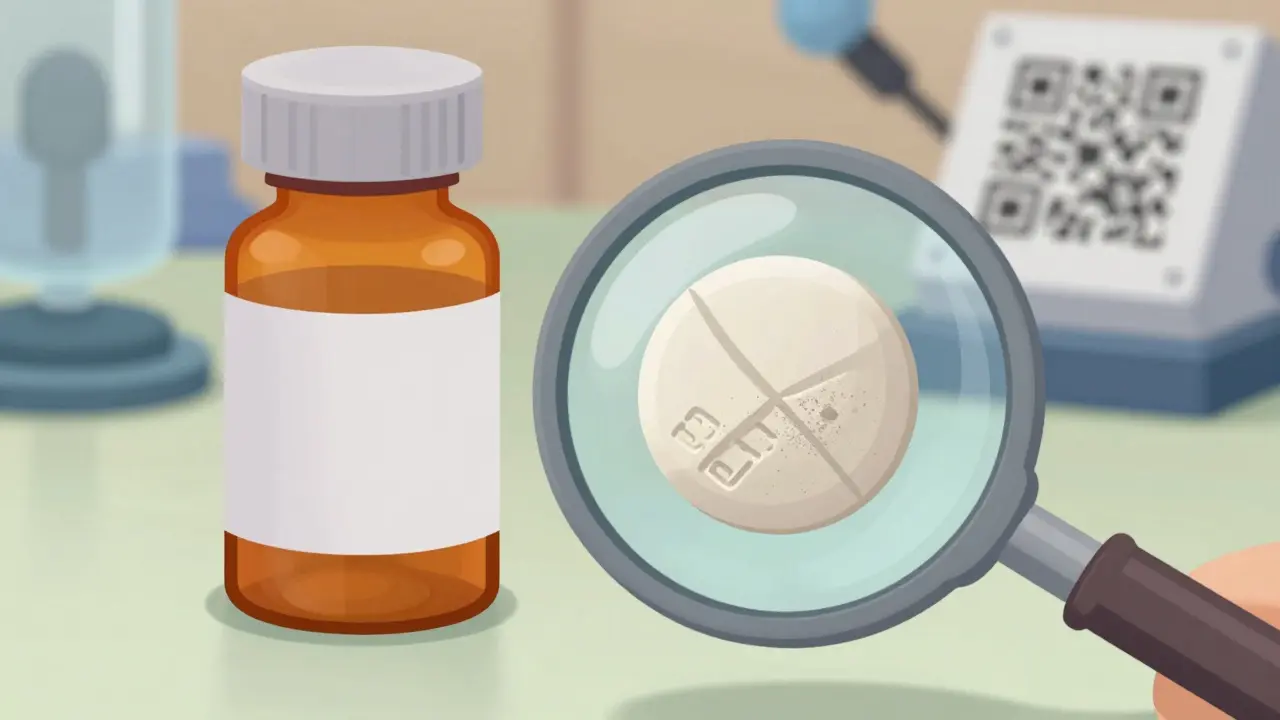 Magnifying glass revealing differences between real and fake pills