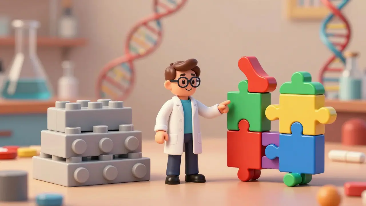 Pharmacist explaining complex biosimilar puzzle pieces versus simple generic blocks.