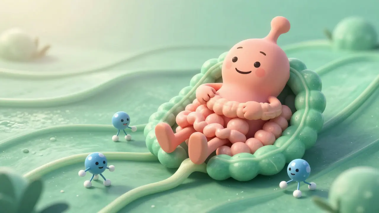 Relaxed gut muscles in a serene mint-green environment after taking peppermint oil