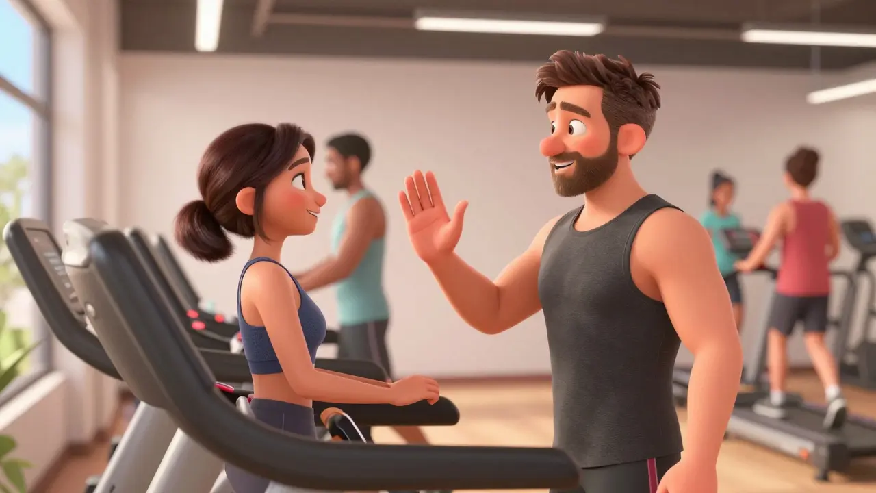 Trainer advises patient to slow down on treadmill