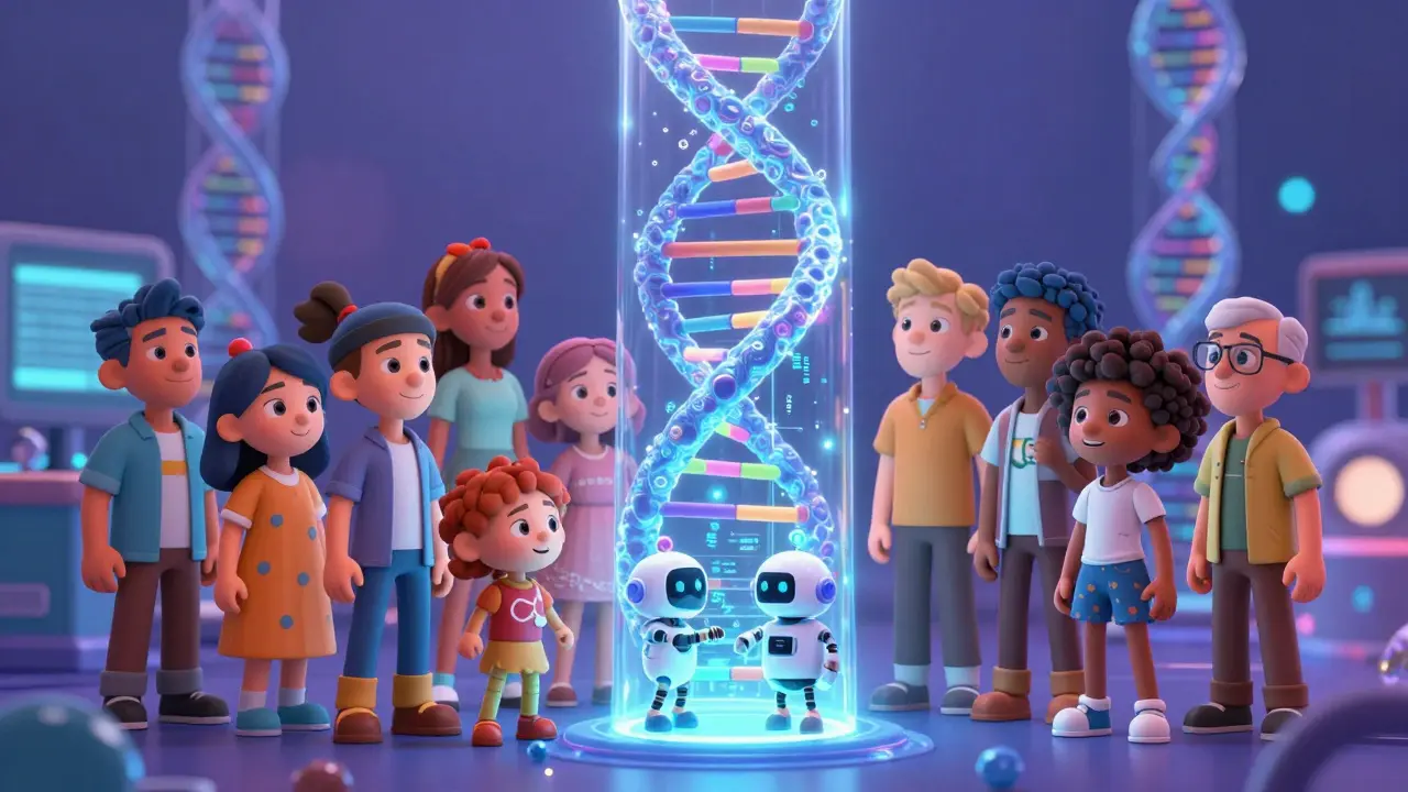 Animated characters viewing a glowing DNA helix for genetic insights