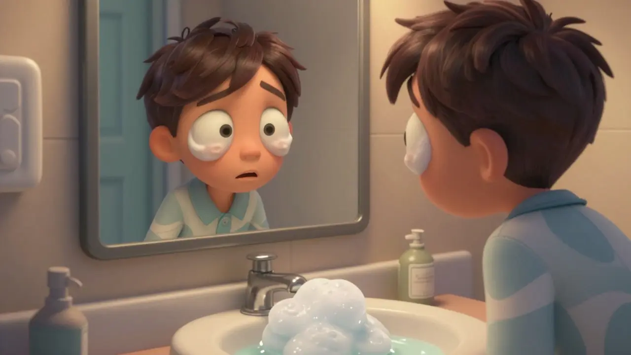 Boy with puffy eyes and foamy urine