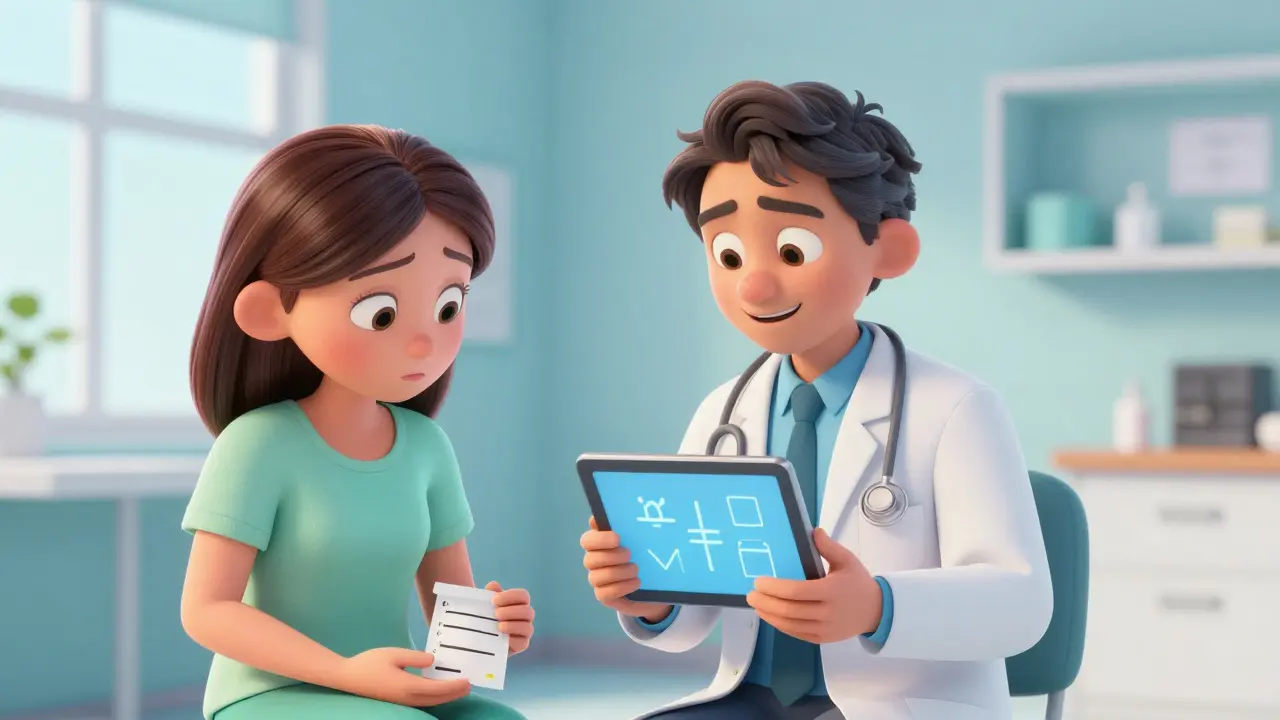 Doctor and patient sharing a supportive moment in a bright clinic.