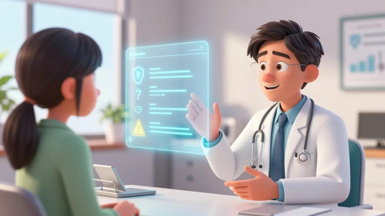 Doctor explaining medication risks to a patient in a bright office