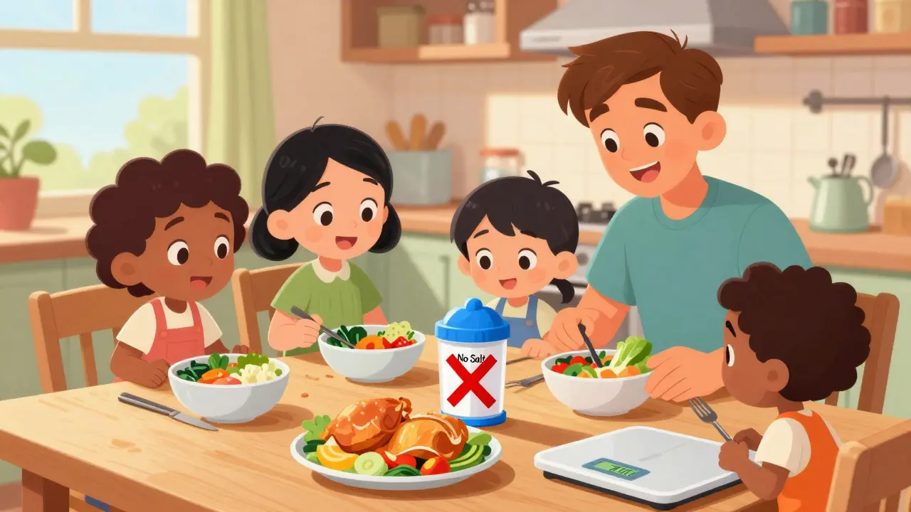 Family eating low-salt healthy meal